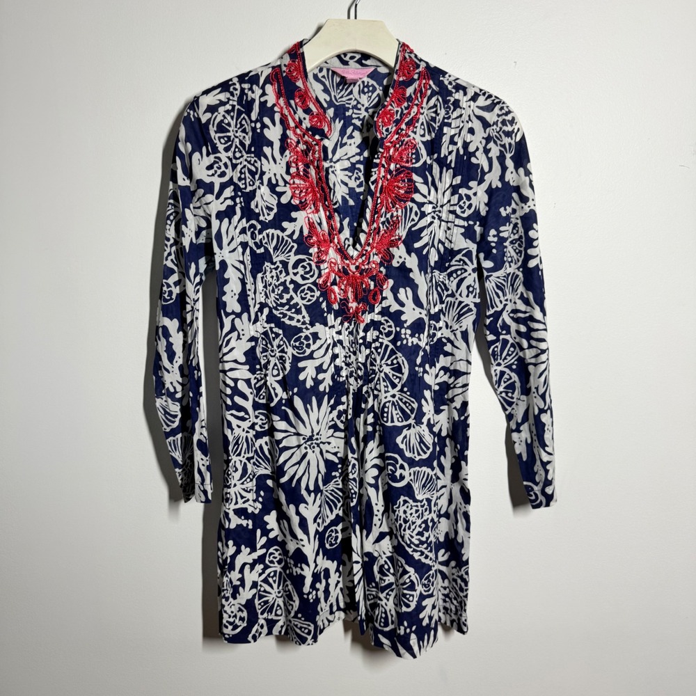 Lilly Pulitzer Womens Navy White Coral Print Beaded Embroidered Tunic Top Small